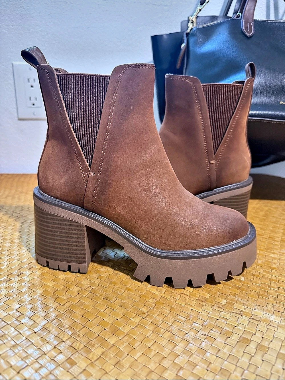 MIA Rusty Cognac Faux Suede Platform Chelsea Boots